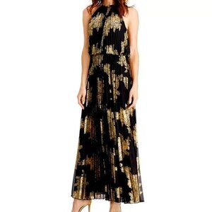 Gold-Print Black Pleated Dress- Size 10 US